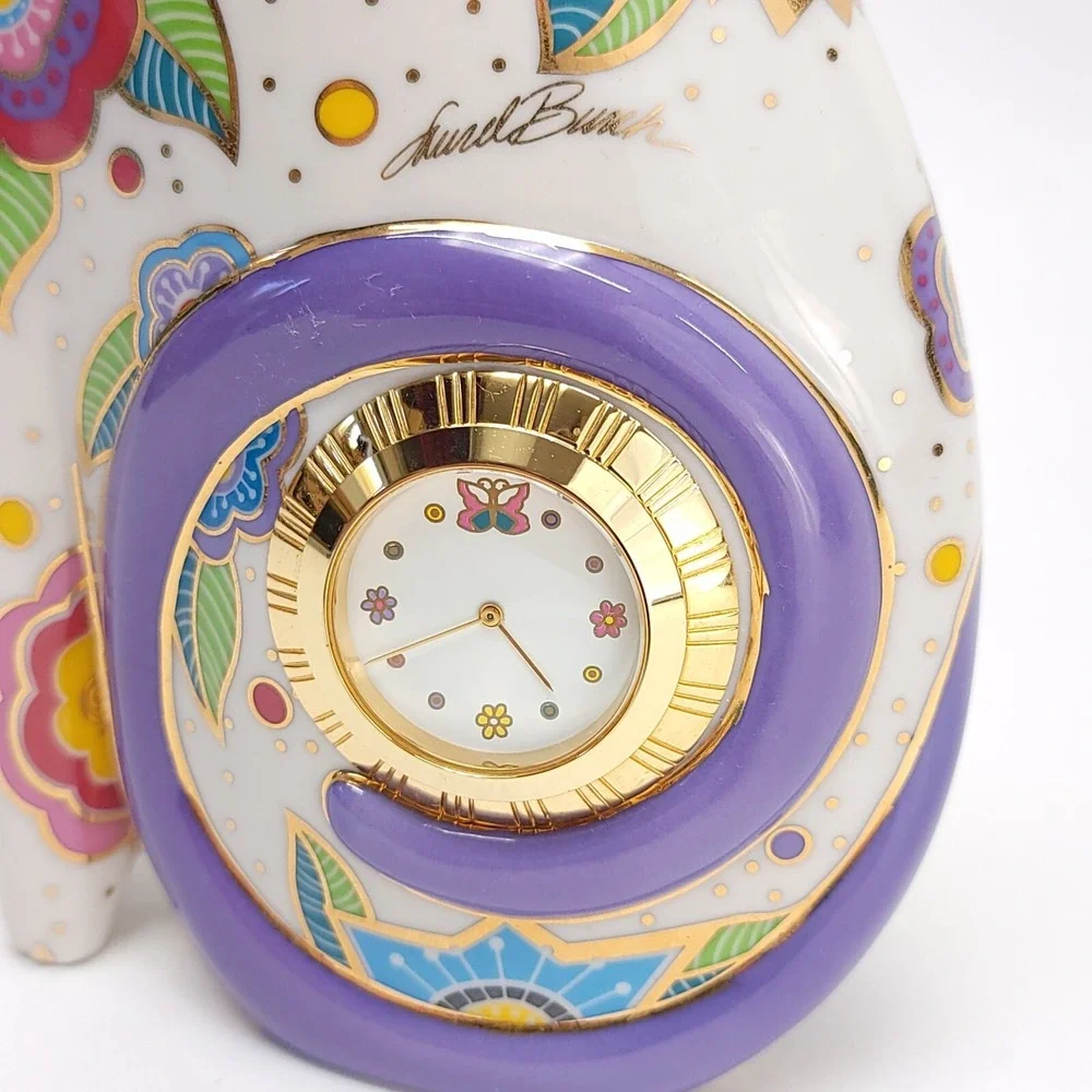 Vintage 1996‎ Laurel Burch Porcelain Floral Cat Clock White, Gold TESTED WORKING